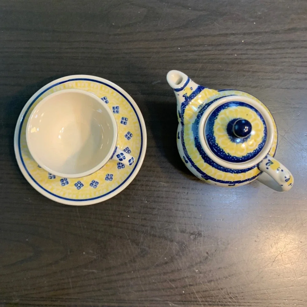 Ceramika Artystyczna Polish Pottery Tea Set Teapot Cup Saucer Yellow Blue READ